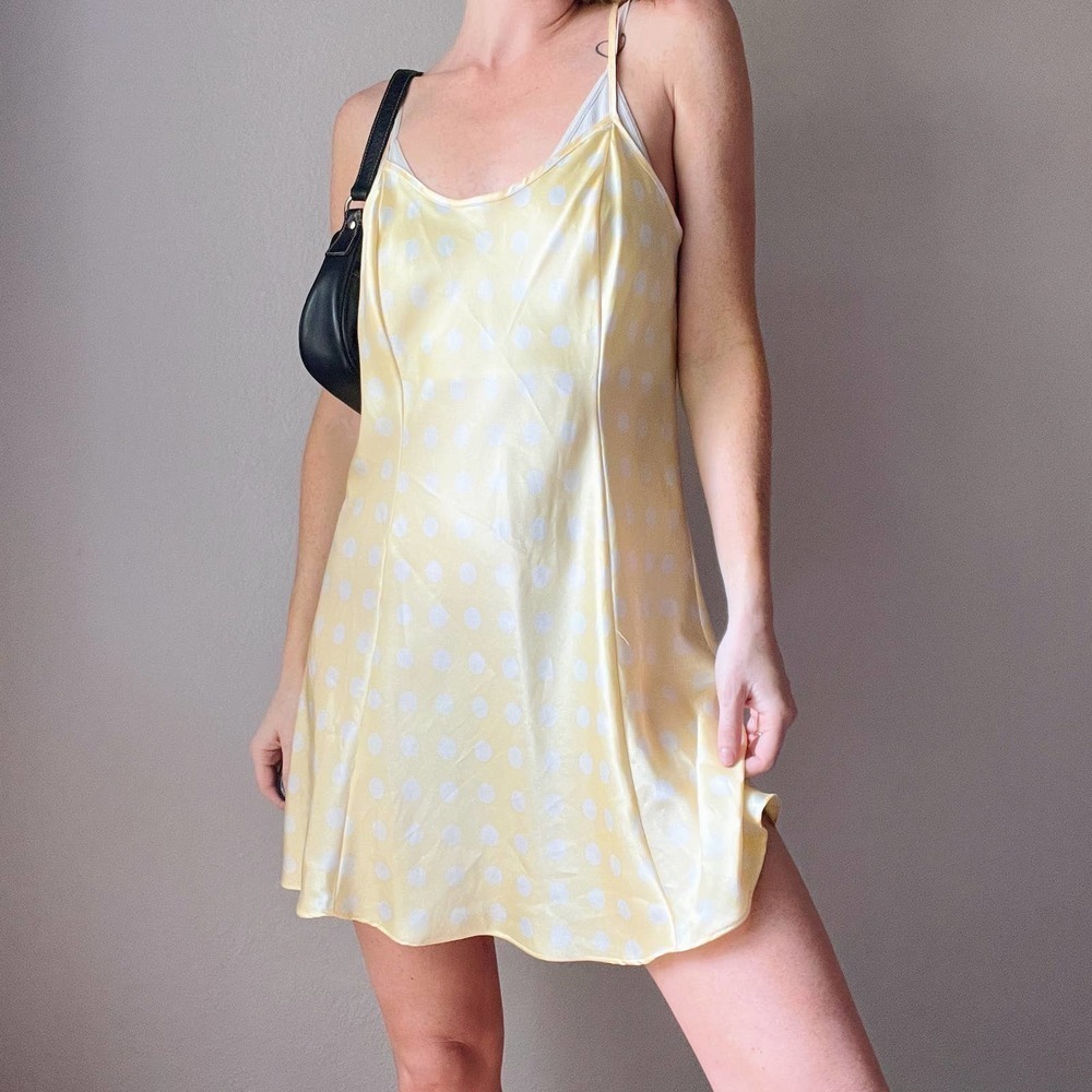 Vintage Yellow White Polka Dot Satin Mini Slip Dress - Picture 5 of 7